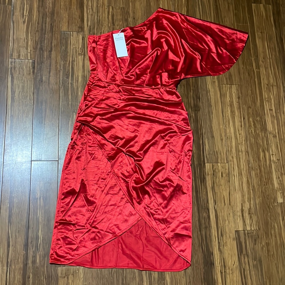 Red shiny one shoulder dress